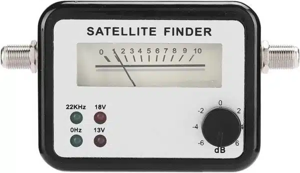 Analog satellite signal finder tool with dials and indicators.