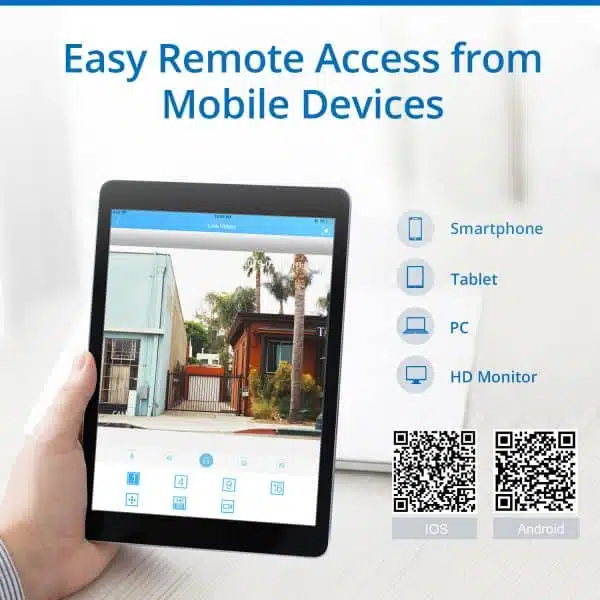 Tablet showing remote surveillance system app interface.