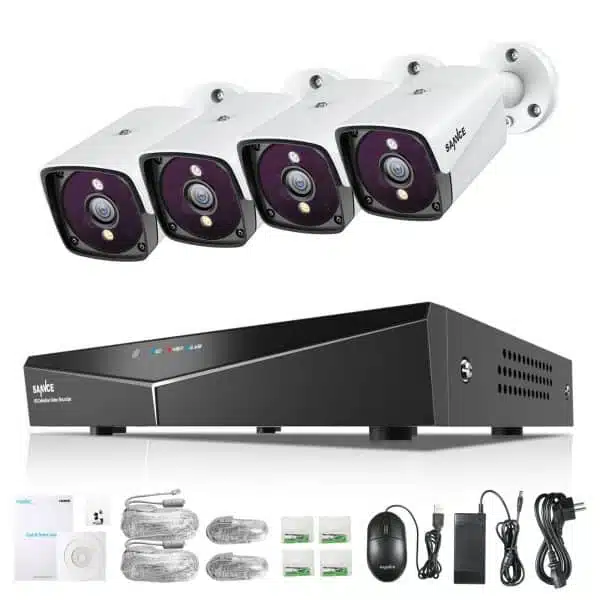 Four security cameras and DVR system with accessories.
