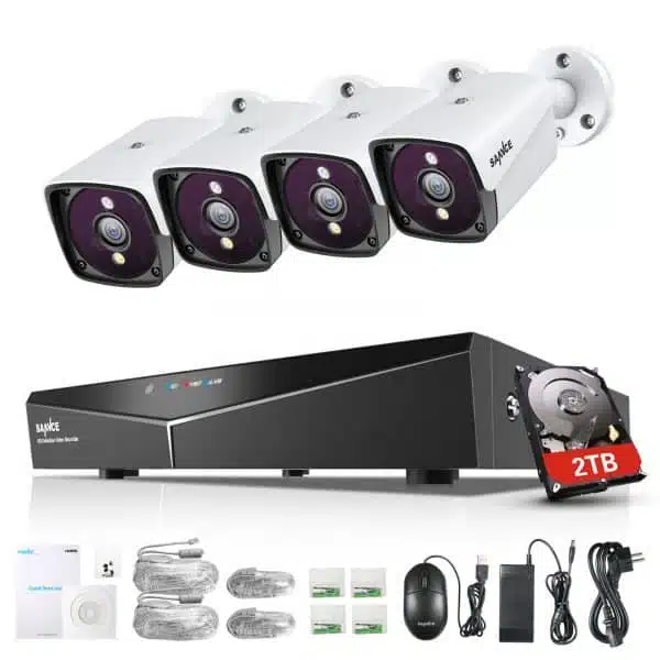 Security camera system with DVR and accessories.