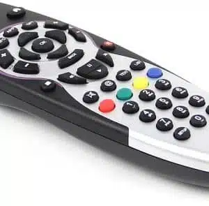 Multicolored-button TV remote control on white.