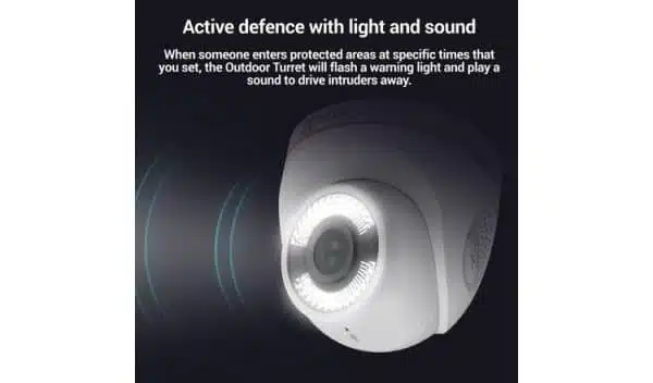 Outdoor security turret with light and sound defense.