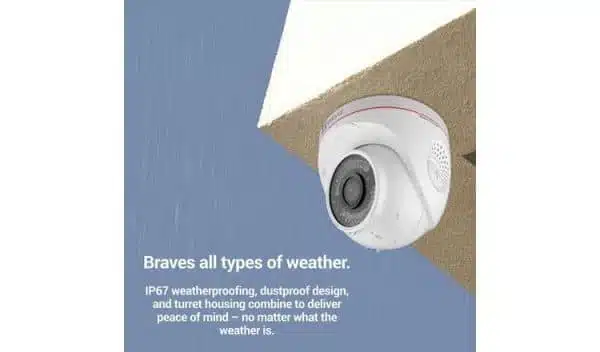 Weatherproof security camera on exterior wall.