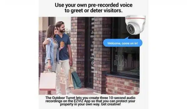 Couple using smart doorbell with pre-recorded greeting.