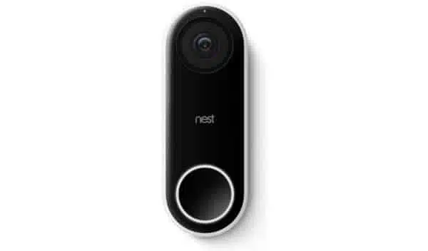 Nest video doorbell on white background.