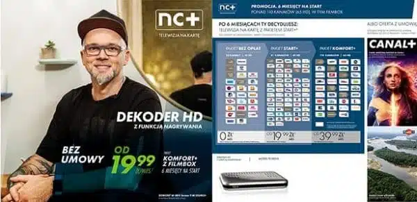 Man in advertisement for HD decoder and TV packages.