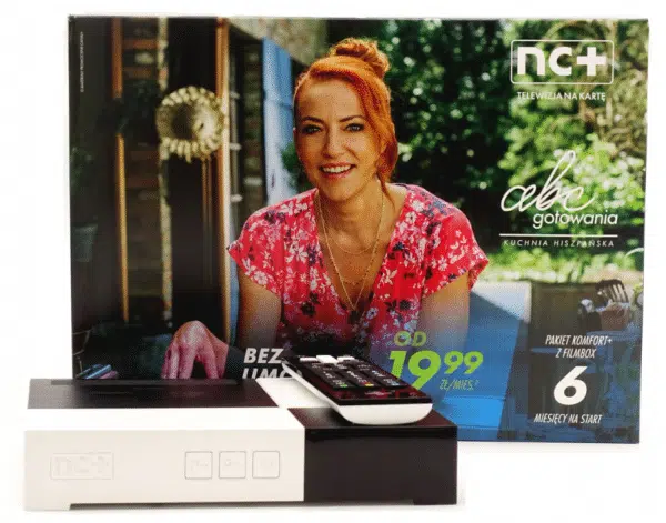 Woman with NC+ TV decoder and remote advertisement.