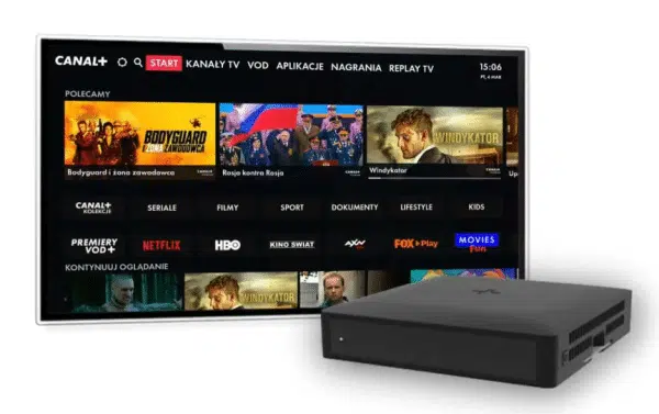 TV displaying Canal+ interface with set-top box.