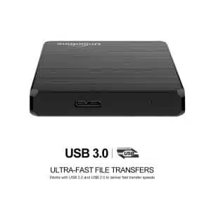 Black external hard drive with USB 3.0 connection.